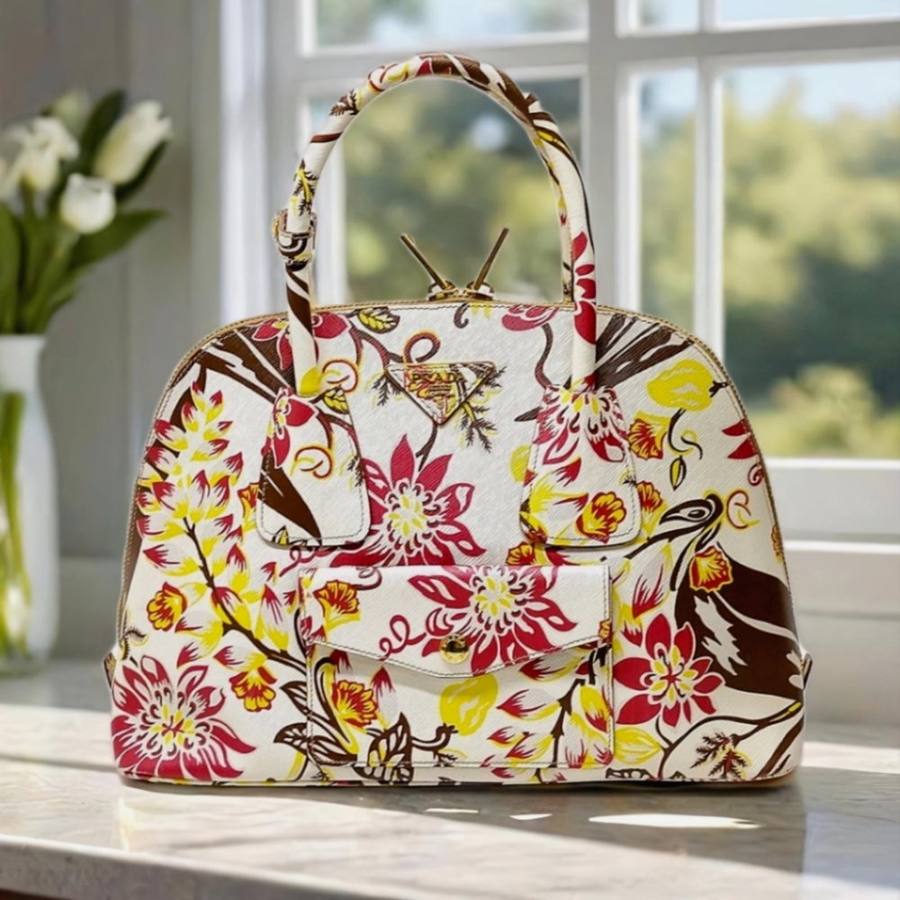 Prada RARE 💐 Large Floral Saffiano Lux Promenade Dome Sachel Bag - Picture 17 of 17